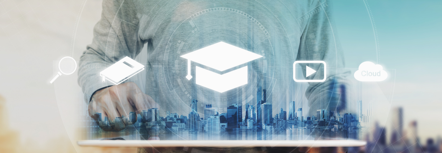 Symbols for education: magnifying glass, book, graduate hat Symbols for education: magnifying glass, book, graduate hat